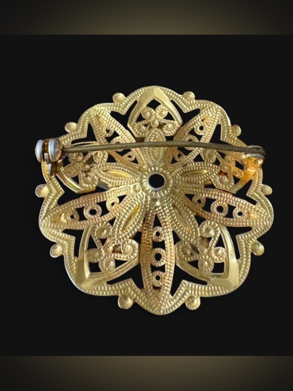 Vintage 1960s Ornate Gold Filigree Faux Turquoise Mandala Brooch Pin - Unsigned - Picture 2 of 3